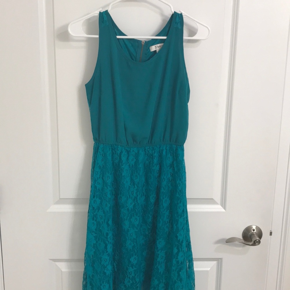 Teal high-low lace dress
